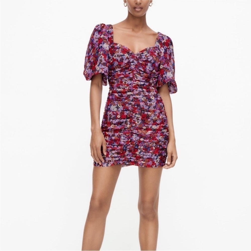 NWT Zara Ruched Floral Puff Sleeve Mini Dress Size Medium